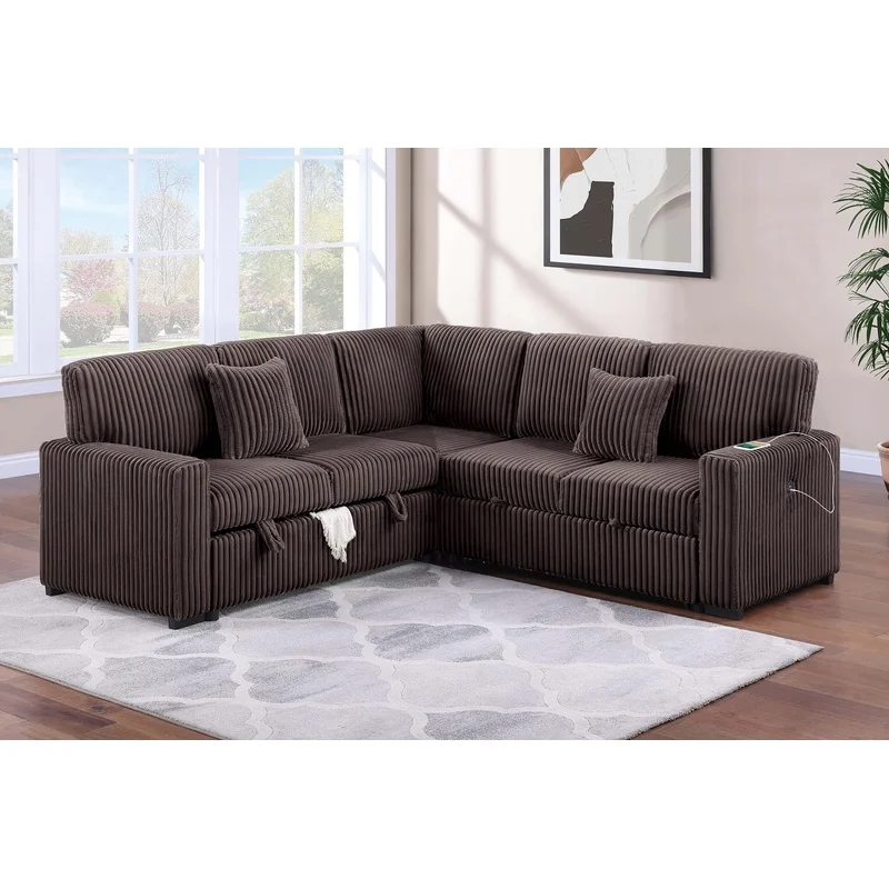 Modern Convertible Sectional Sofa with Reversible Layout, Storage, Pull-Out Bed, USB Charging, Chocolate Finish, Living Room Furniture with Pillow
Modern Convertible Sectional Sofa with Reversible Layout, Storage, Pull-Out Bed, USB Charging, Chocolate Finish, Living Room Furniture with Pillow