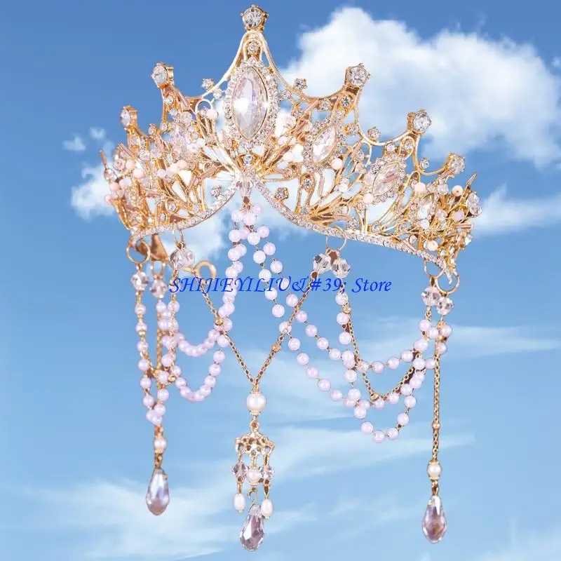 E21F Stylish Pearls Tassels Crowned Hair Accessory for Most Ages Special Gatherings
E21F Stylish Pearls Tassels Crowned Hair Accessory for Most Ages Special Gatherings