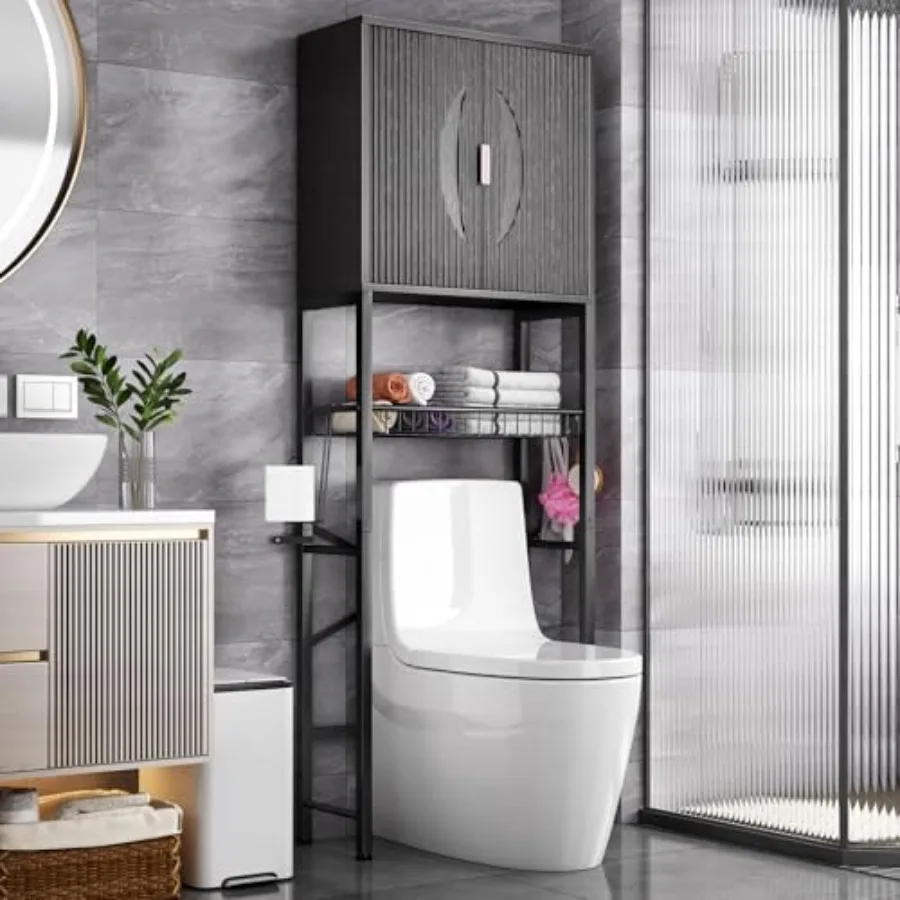 Over The Toilet Storage Cabinet with Fluted Wave Doors and Adjustable Shelf Wood Pure Black Freestanding Bathroom Organizer for
Over The Toilet Storage Cabinet with Fluted Wave Doors and Adjustable Shelf Wood Pure Black Freestanding Bathroom Organizer for
