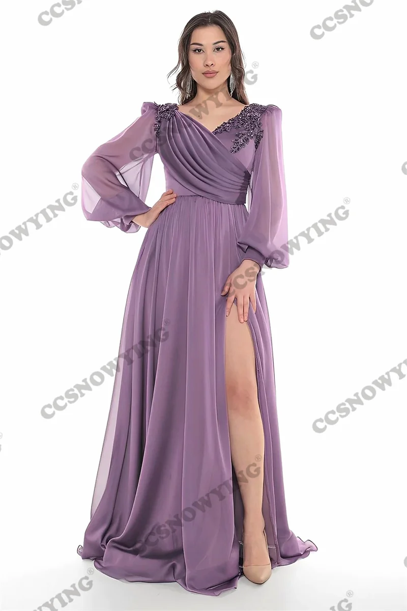 Lilac Long Sleeve Evening Dresses Slit Side V Neck Formal Party Gown Chiffon Appliques Women Kaftan Robe De Soiree
Lilac Long Sleeve Evening Dresses Slit Side V Neck Formal Party Gown Chiffon Appliques Women Kaftan Robe De Soiree