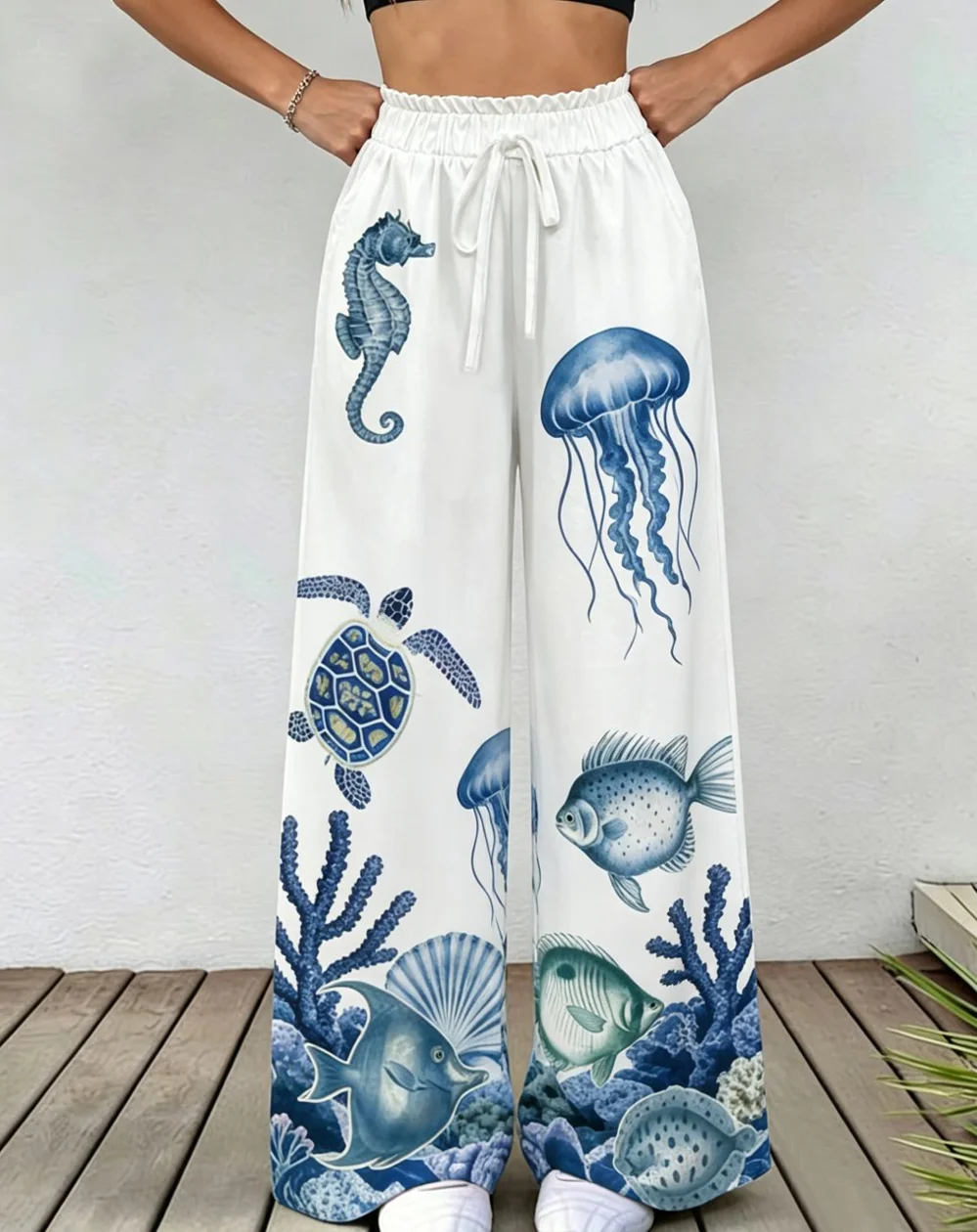White Blue Ocean Animal Print Wide Leg Pants, Elastic Waist Casual Beach Trousers
White Blue Ocean Animal Print Wide Leg Pants, Elastic Waist Casual Beach Trousers