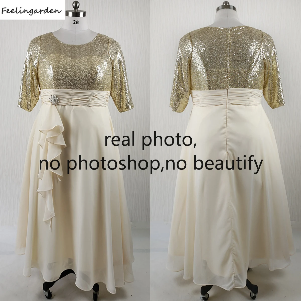 Feelingarden Customized Evening Dress Golden Sequins Chiffon O-neck Half Sleeves A-line Ankle-length Plus Size Party Formal Gown
Feelingarden Customized Evening Dress Golden Sequins Chiffon O-neck Half Sleeves A-line Ankle-length Plus Size Party Formal Gown
