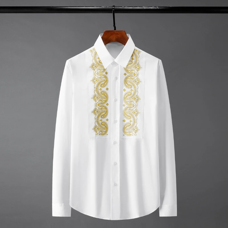 2022 Royal Gold Embroidery Men's Shirts High Quality Long Sleeve White Male Dress Shirts Smart Casual Simple Loose Man Shirts
2022 Royal Gold Embroidery Men's Shirts High Quality Long Sleeve White Male Dress Shirts Smart Casual Simple Loose Man Shirts