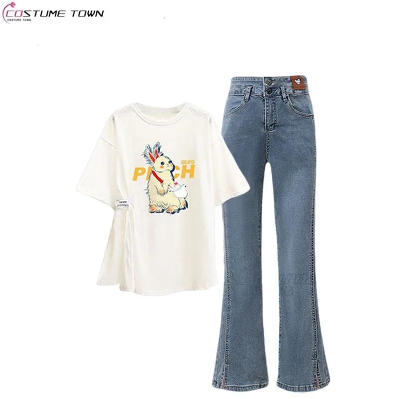 Spring and summer new Korean style women's fashion printed short sleeved top+slim fit flared jeans two-piece set
Spring and summer new Korean style women's fashion printed short sleeved top+slim fit flared jeans two-piece set