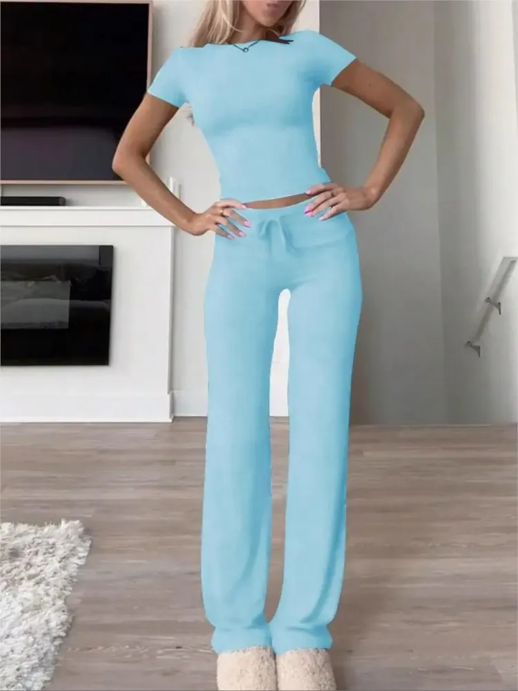 Summer Casual O Neck Women's Home Sports Sets New Fashionable Solid Color Slim Body Clothes + Lace-up Trousers Two-piece Set
Summer Casual O Neck Women's Home Sports Sets New Fashionable Solid Color Slim Body Clothes + Lace-up Trousers Two-piece Set