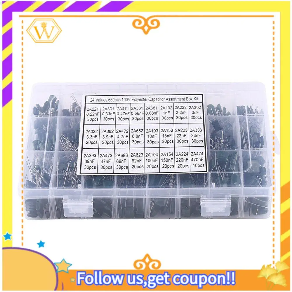 Latest-660Pcs 24 Values 100V 2A221-2A474 Polyester Film Capacitor Assortment Pack Kit
Latest-660Pcs 24 Values 100V 2A221-2A474 Polyester Film Capacitor Assortment Pack Kit