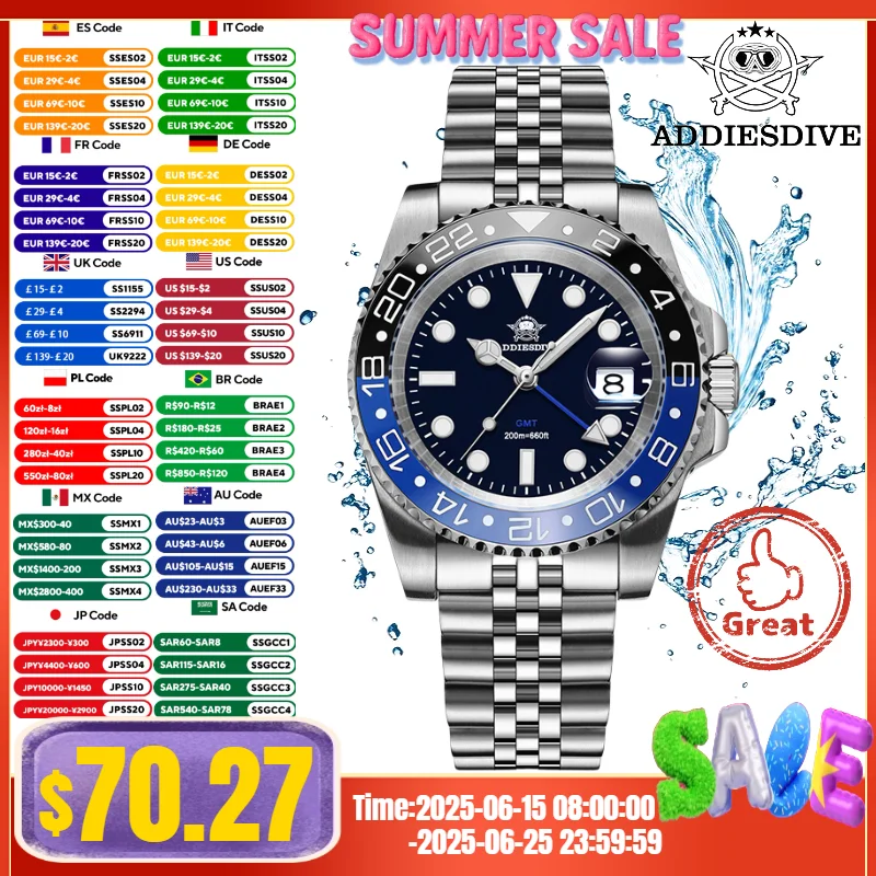 ADDIESDIVE Watch For Man Quartz GMT 20Bar Waterproof BGW9 Super Luminous 316L Stainless Steel Ceramic Bezel Watch
ADDIESDIVE Watch For Man Quartz GMT 20Bar Waterproof BGW9 Super Luminous 316L Stainless Steel Ceramic Bezel Watch