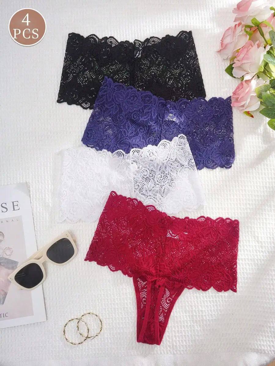 4 Pcs Women High Waist Lace Thong Panties Solid Color
4 Pcs Women High Waist Lace Thong Panties Solid Color
