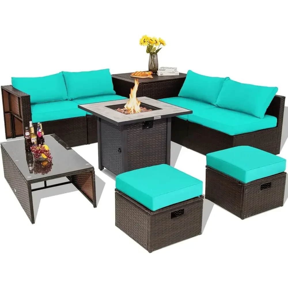 9-Piece Outdoor Patio Furniture Set with 30 Propane Fire Pit, PE Wicker Sectional Sofa with Storage and Cushions, 50,000 BTU Gas
9-Piece Outdoor Patio Furniture Set with 30 Propane Fire Pit, PE Wicker Sectional Sofa with Storage and Cushions, 50,000 BTU Gas