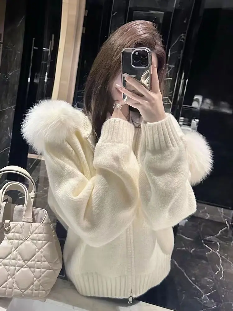 Ladies' Lazy Sle Hooded Knitwear Coat with Large Fur Collar Autumn Winter New Zipper Warmth Outerwear Casual Faion
Ladies' Lazy Sle Hooded Knitwear Coat with Large Fur Collar Autumn Winter New Zipper Warmth Outerwear Casual Faion