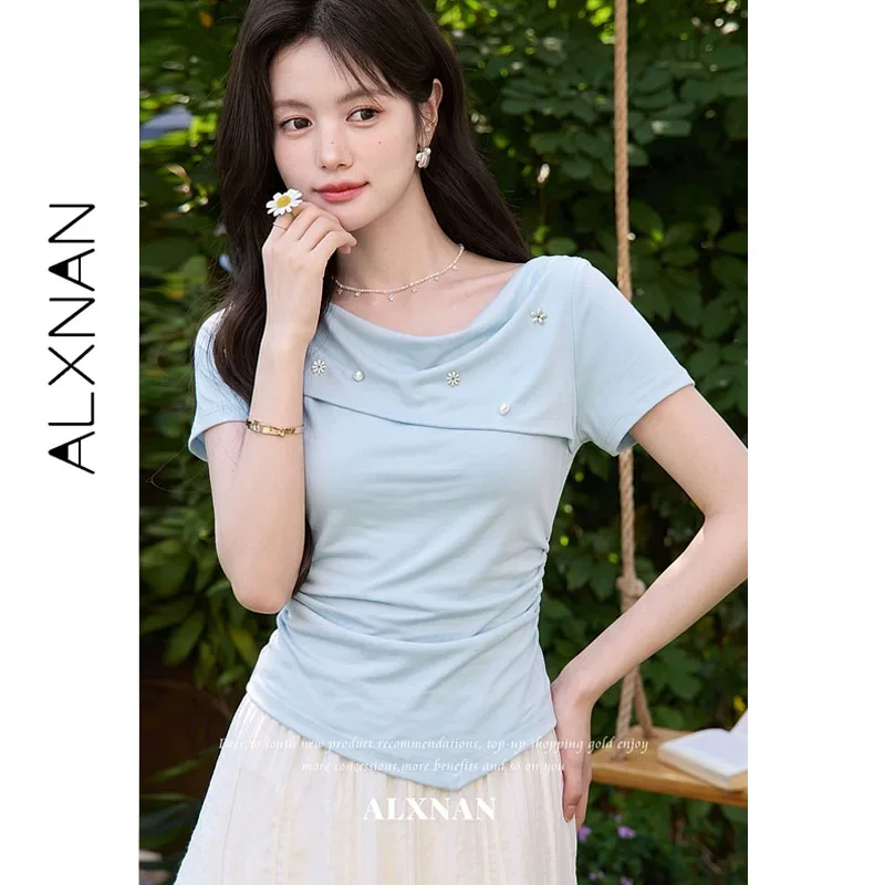 ALXNAN Blue Short Sleeve T-shirt Cowl Neck Pearl Floral Decor Waist Ruched Irregular Hem T-shirts Summer Casual Tops L65771A
ALXNAN Blue Short Sleeve T-shirt Cowl Neck Pearl Floral Decor Waist Ruched Irregular Hem T-shirts Summer Casual Tops L65771A