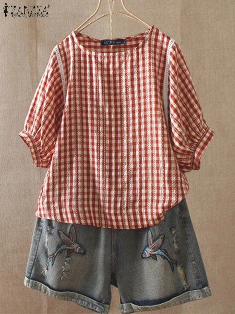 ZANZEA Casual Plaid Blouse Women Lace Patchwork Tops Vintage O Neck Pullover 2025 Female Short Sleeve Shirts Summer Loose Blusas
ZANZEA Casual Plaid Blouse Women Lace Patchwork Tops Vintage O Neck Pullover 2025 Female Short Sleeve Shirts Summer Loose Blusas