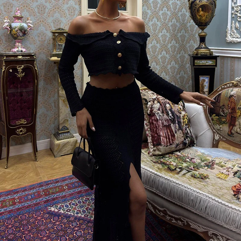 Sexy Knitted Hollow Out One-shoulder Tops Skirts Matching Sets Fashion Solid Texture Button Set Women Chic Slim Split Skirts Set 
Sexy Knitted Hollow Out One-shoulder Tops Skirts Matching Sets Fashion Solid Texture Button Set Women Chic Slim Split Skirts Set