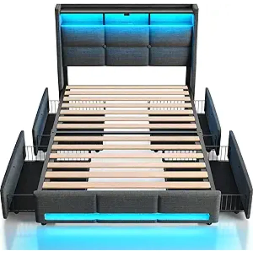 Twin Size Bed Frame with LED Lights and Charging Station, Upholstered Bed Storage Headboard & Drawers, Heavy Duty Wood Slats
Twin Size Bed Frame with LED Lights and Charging Station, Upholstered Bed Storage Headboard & Drawers, Heavy Duty Wood Slats