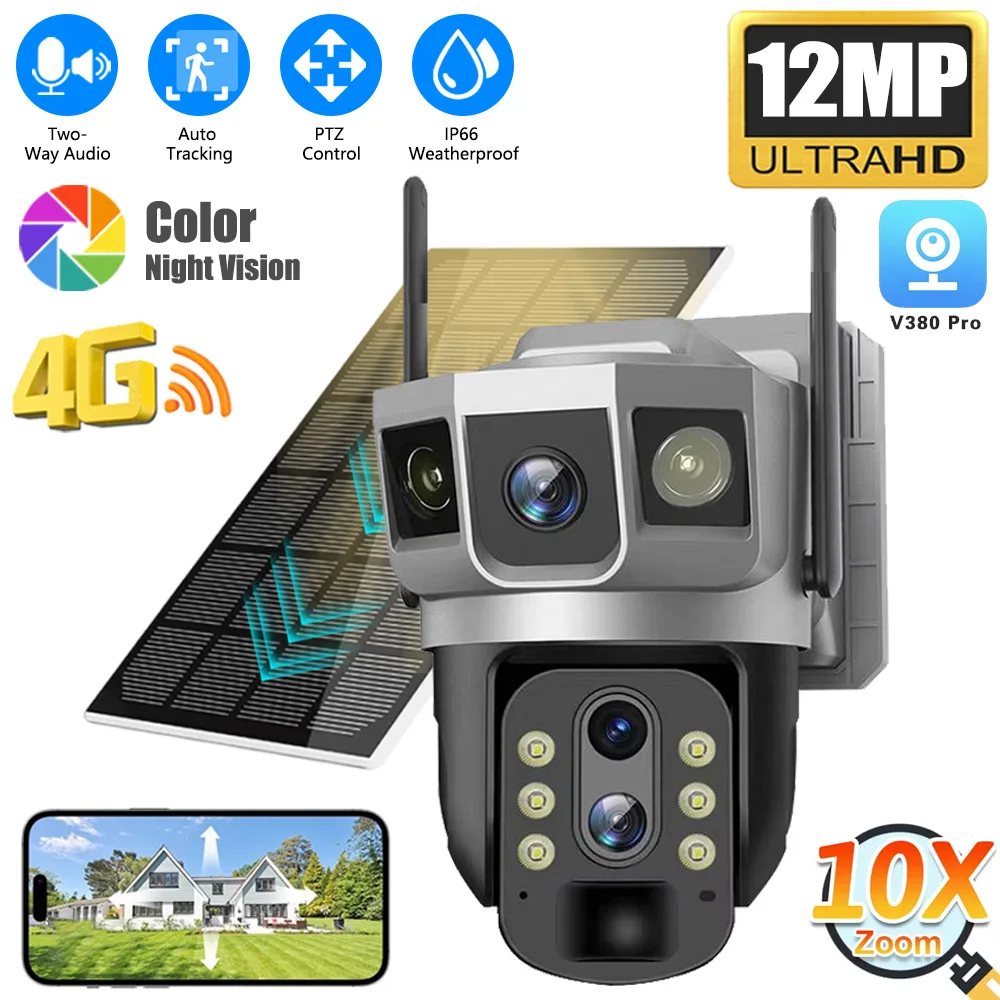 WiFi 12MP 6K 4G Sim Smart Solar Camera Outdoor Three Lens IP Camara Solar Panel CCTV Security Built in Battery PIR Cameras V380
WiFi 12MP 6K 4G Sim Smart Solar Camera Outdoor Three Lens IP Camara Solar Panel CCTV Security Built in Battery PIR Cameras V380