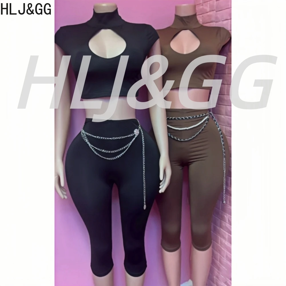 HLJ&GG Sexy Hollow Solid Two Piece Sets Women Round Neck Short Sleeve Slim Crop Top And Skinny Pants Outfits With Waist Chain
HLJ&GG Sexy Hollow Solid Two Piece Sets Women Round Neck Short Sleeve Slim Crop Top And Skinny Pants Outfits With Waist Chain