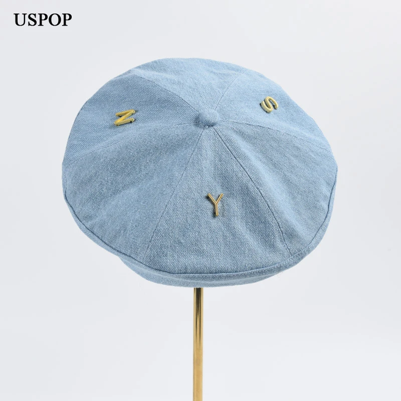 Стильный джинсовый берет с металлическими надписями для женщин, Весенняя Повседневная шляпа, стильные и универсальные береты из 100% хлопка 
Стильный джинсовый берет с металлическими надписями для женщин, Весенняя Повседневная шляпа, стильные и универсальные береты из 100% хлопка