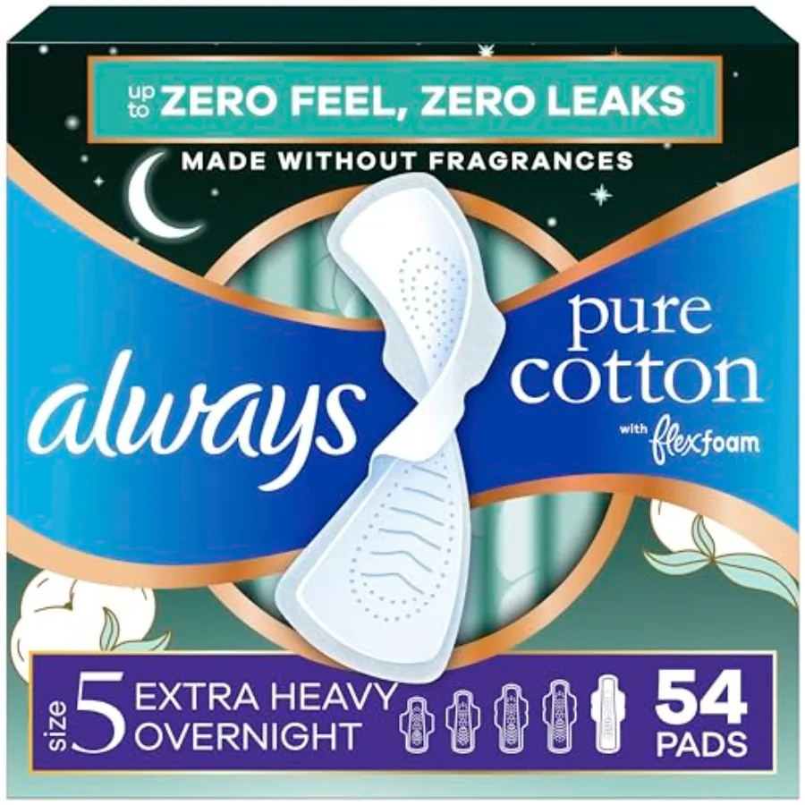 Always Pure Cotton Feminine Pads for Women, FlexFoam Pads with Wings, Size 5, Extra Heavy Overnight Absorbency, Unscented, 54 C
Always Pure Cotton Feminine Pads for Women, FlexFoam Pads with Wings, Size 5, Extra Heavy Overnight Absorbency, Unscented, 54 C