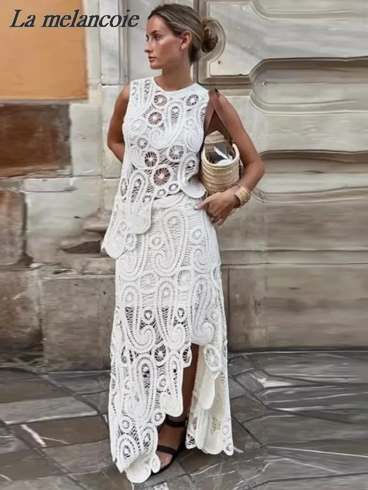 Sexy Hollow Out Knitted Irregular Skirt Sets For Woman 2024 Summer New Sleeveless Tank Top+Long Skirts Sets Elegant Chic Outfits
Sexy Hollow Out Knitted Irregular Skirt Sets For Woman 2024 Summer New Sleeveless Tank Top+Long Skirts Sets Elegant Chic Outfits