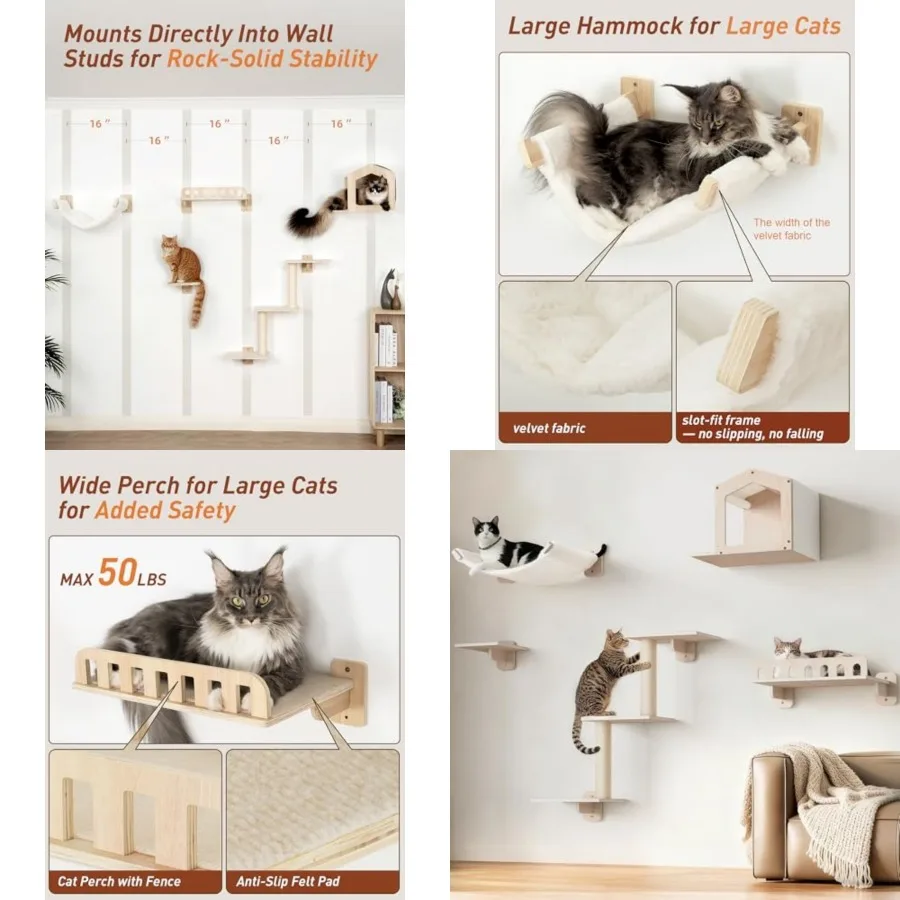 Cat Wall Shelves for Large Cats, 5-in-1 Cat Wall Furniture with Large Hammock and Wide Perch, Wooded Wall Climbing Furniture Se
Cat Wall Shelves for Large Cats, 5-in-1 Cat Wall Furniture with Large Hammock and Wide Perch, Wooded Wall Climbing Furniture Se
