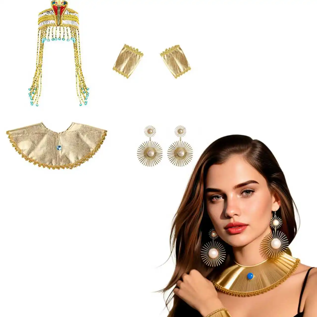 Женский костюм Клеопатры на Хэллоуин PESENAR включает головной убор египетской королевы, плетеный парик, платье египта 
Женский костюм Клеопатры на Хэллоуин PESENAR включает головной убор египетской королевы, плетеный парик, платье египта