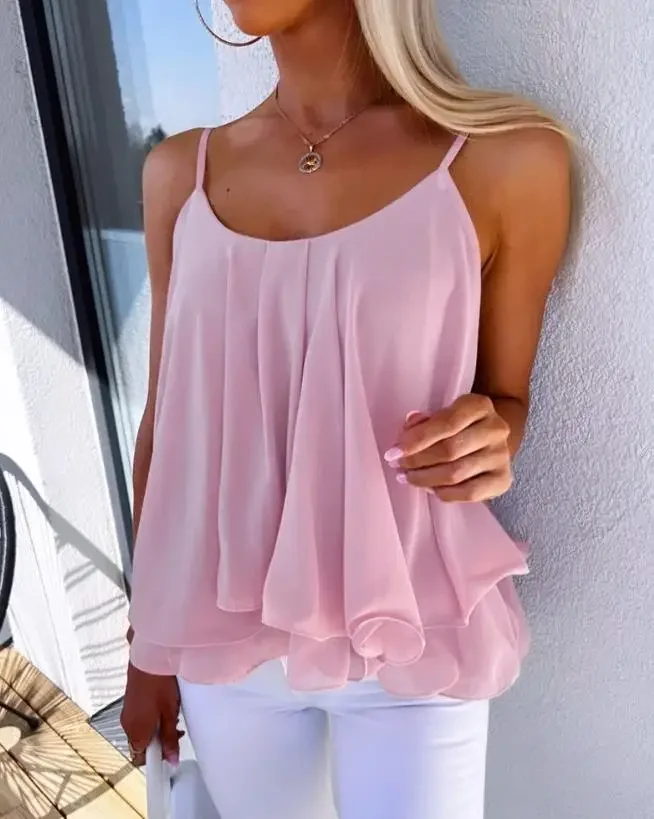 Women Fashion New Vest Casual Scoop Neck Sweet Style Spaghetti Strap Blouses Ladies 2023 Summer Ruffle Hem Flowy Cami Top Female
Women Fashion New Vest Casual Scoop Neck Sweet Style Spaghetti Strap Blouses Ladies 2023 Summer Ruffle Hem Flowy Cami Top Female