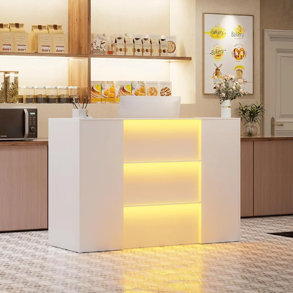 Modern Reception Desk with LED Lights, 63 Inches Front Counter Table with Lockable Drawer & Shelves, Checkout Counter
Modern Reception Desk with LED Lights, 63 Inches Front Counter Table with Lockable Drawer & Shelves, Checkout Counter
