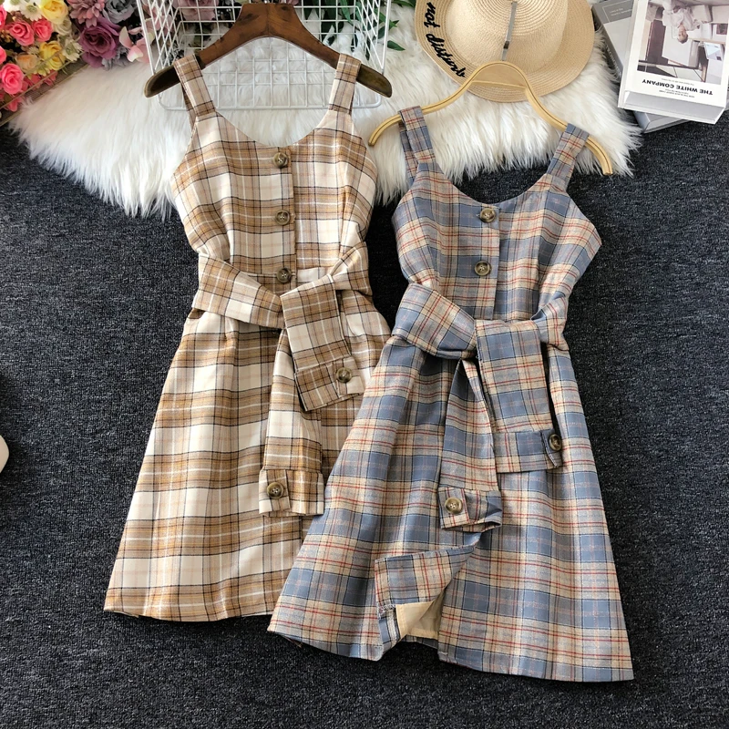 New arrival autumn vintage plaid spaghetti strap dress women sleeveless slim waist a-line dress
New arrival autumn vintage plaid spaghetti strap dress women sleeveless slim waist a-line dress