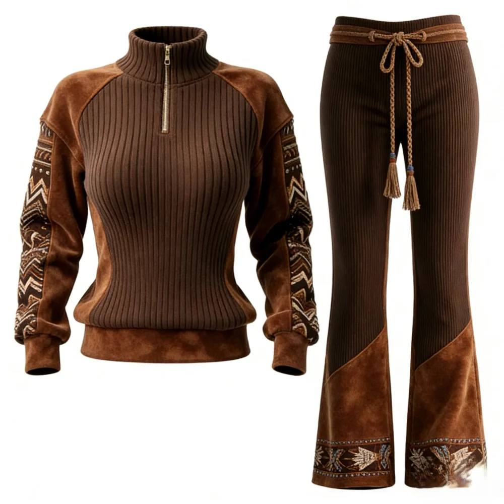 Women's retro ethnic style stand-up collar sweatshirt and trousers set, featuring vertical striped color-blocked
Women's retro ethnic style stand-up collar sweatshirt and trousers set, featuring vertical striped color-blocked