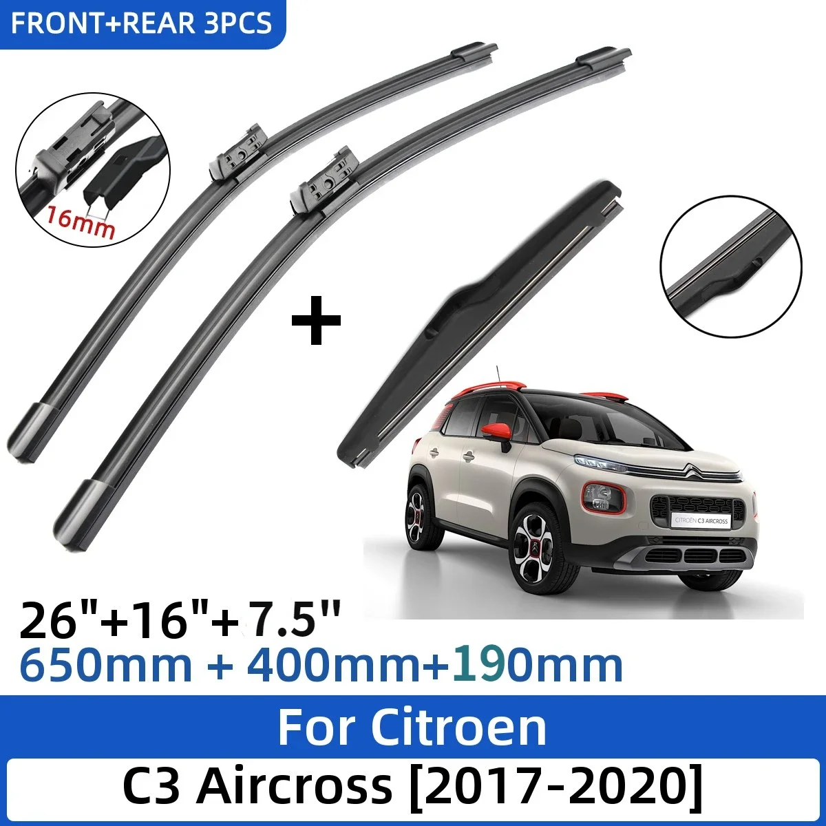 For Citroen C3 Aircross 2017-2020 26'+16'+8' Front Rear Wiper Blades Brushes Cutter Accessories 2017 2018 2019 2020
For Citroen C3 Aircross 2017-2020 26'+16'+8' Front Rear Wiper Blades Brushes Cutter Accessories 2017 2018 2019 2020