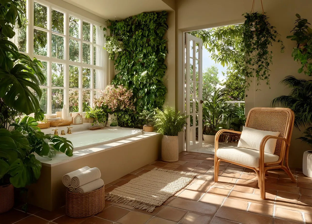 Фон для фотостудии: ботанический сад, освещенная ванная комната, зеленые листья, терракотовый пол, яркий спа-атмосфера
Фон для фотостудии: ботанический сад, освещенная ванная комната, зеленые листья, терракотовый пол, яркий спа-атмосфера