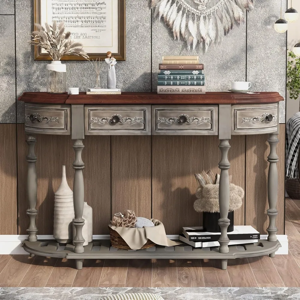Curved Console Table with 4 Drawers, Retro Sofa Table with Solid Wood Frame and Legs, Half Moon Entry Table for Home Kitchen En
Curved Console Table with 4 Drawers, Retro Sofa Table with Solid Wood Frame and Legs, Half Moon Entry Table for Home Kitchen En