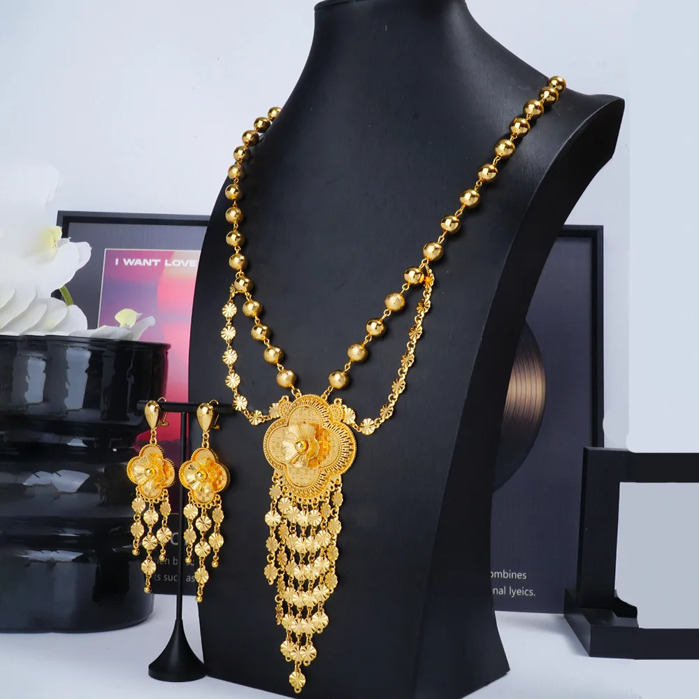 Mirror Polished Flower Bead Tassel Necklace Earring Set For Women 24K Gold AU999, brighter noble matching texture
Mirror Polished Flower Bead Tassel Necklace Earring Set For Women 24K Gold AU999, brighter noble matching texture