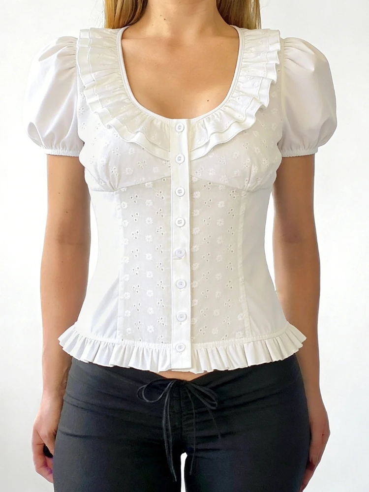 Foamlina Women Trendy White Ruffle Trim Blouse Fashion O Neck Short Puff Sleeve Button Down Slim Top Sweet Girls Summer Shirt
Foamlina Women Trendy White Ruffle Trim Blouse Fashion O Neck Short Puff Sleeve Button Down Slim Top Sweet Girls Summer Shirt