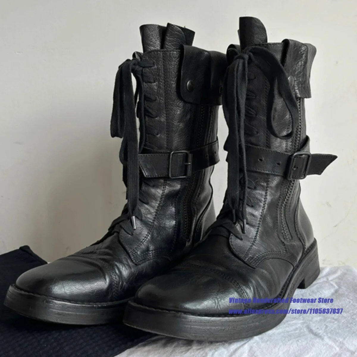 Black Leather Buckle Strap Lace Up Mid Calf Boots Vintage Side Zipper Motorcycle Boots 2026 New In Handcrafted Men's Boots
Black Leather Buckle Strap Lace Up Mid Calf Boots Vintage Side Zipper Motorcycle Boots 2026 New In Handcrafted Men's Boots