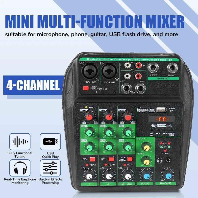Fuluode Portable Audio Mixer 4-Channel Mixing Console With USB Interface PC/Mac Compatible for Recording Podcasting
Fuluode Portable Audio Mixer 4-Channel Mixing Console With USB Interface PC/Mac Compatible for Recording Podcasting