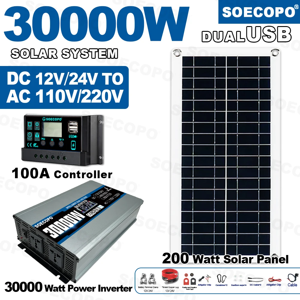 SOECOPO 30000W Solar System Kit 200W Panel Inverter (2 sockets) Dual voltage input 12V/24V To 110V/220V 100A Controller Camping
SOECOPO 30000W Solar System Kit 200W Panel Inverter (2 sockets) Dual voltage input 12V/24V To 110V/220V 100A Controller Camping