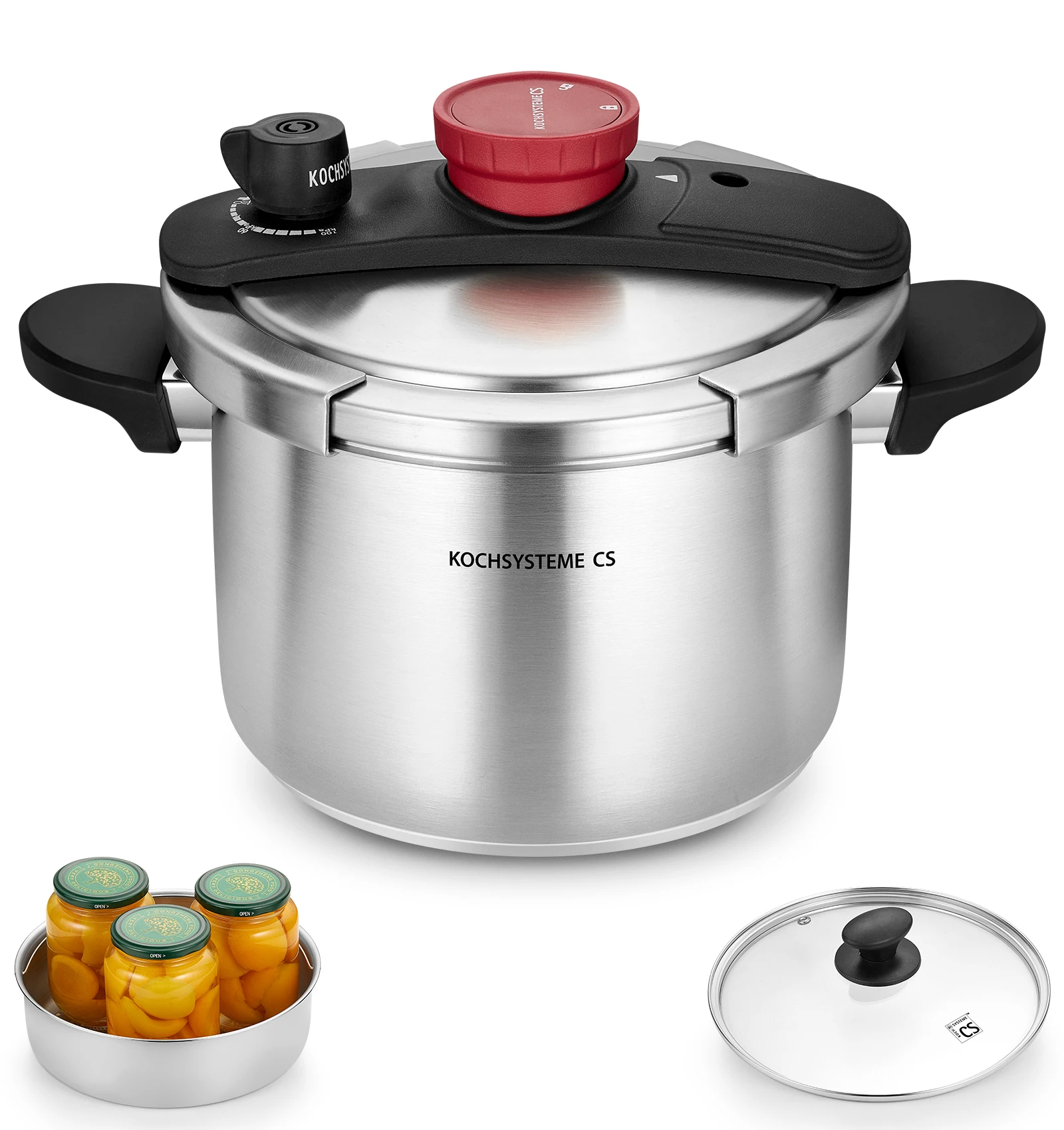 KOCH SYSTEME CS Stainless Steel Pressure Cooker 6.3 Quart, 3-in-1 Olla de Presion, Easy One-Hand Lock, 18/10 Stainless Steel, Stovetop Presssure Cooker, Induction Compatible, with Glass Lid & Steamer
KOCH SYSTEME CS Stainless Steel Pressure Cooker 6.3 Quart, 3-in-1 Olla de Presion, Easy One-Hand Lock, 18/10 Stainless Steel, Stovetop Presssure Cooker, Induction Compatible, with Glass Lid & Steamer
