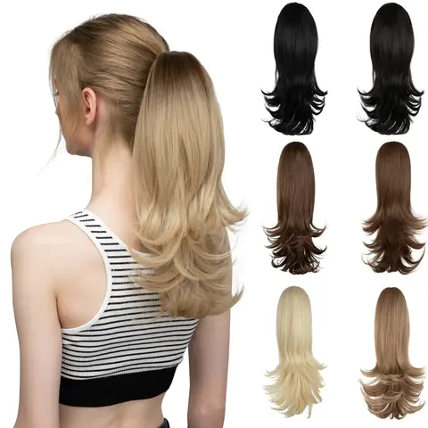 14" Synthetic Claw Clip In Ponytail Hair Extensions Hairpiece Fake Blonde Hair Wavy False Pigtail With Elastic Band Horse Tail