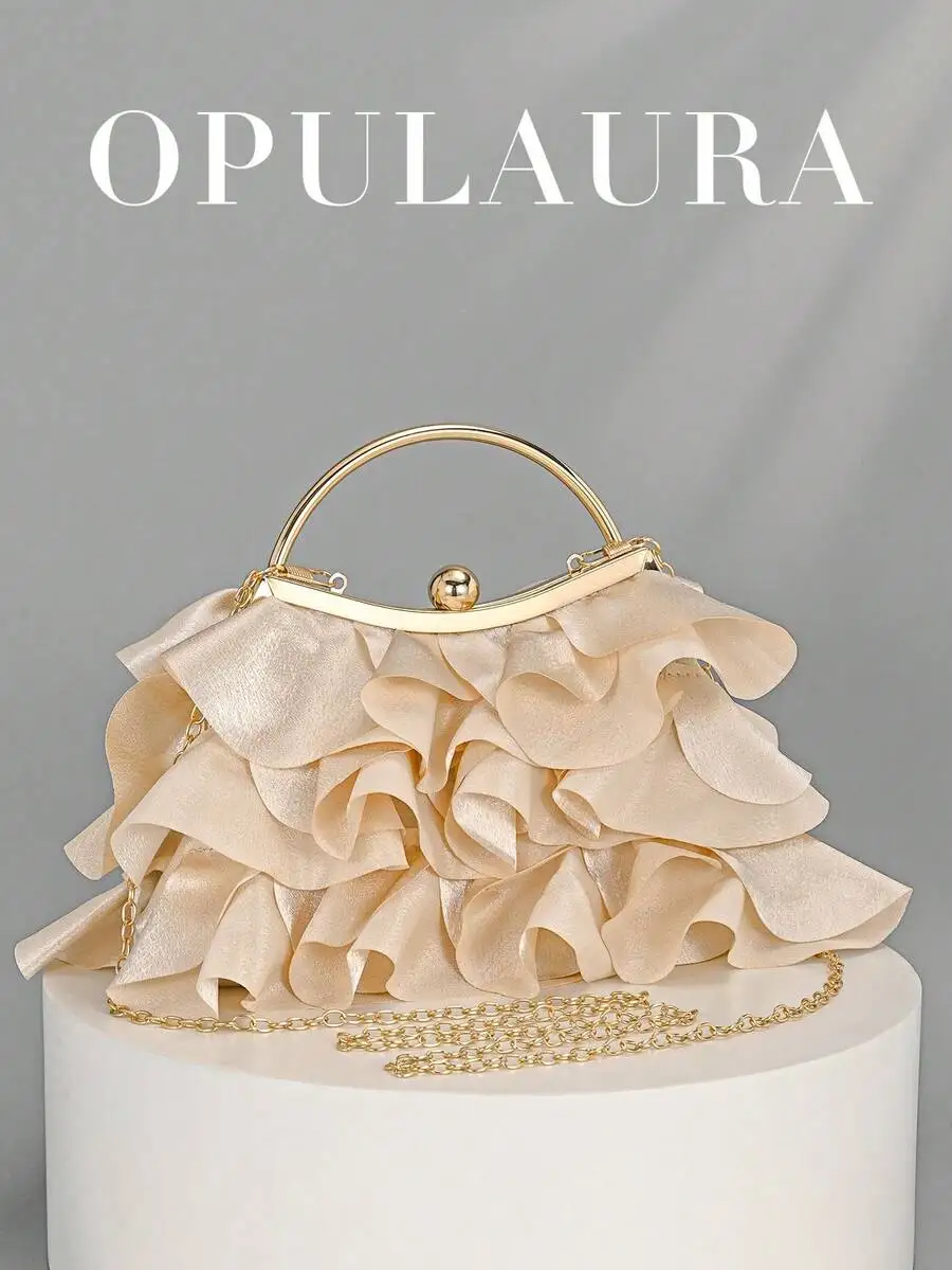 Elegant Ruffle Satin Clutch with Gold Frame Handle and Chain Strap
Elegant Ruffle Satin Clutch with Gold Frame Handle and Chain Strap