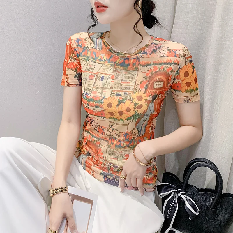 #5782 Short Sleeve T Shirt Women Summer Tight T-shirt Femme 3D Printed Mesh Tshirt Sexy Elastic Women's Tee Shirt Streetwear
#5782 Short Sleeve T Shirt Women Summer Tight T-shirt Femme 3D Printed Mesh Tshirt Sexy Elastic Women's Tee Shirt Streetwear