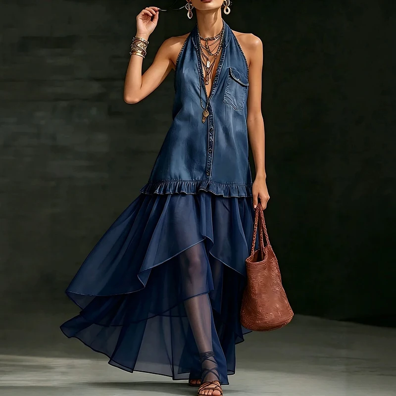 Simple Solid Halter Commuting Denim Dress Casual Sleeveless Loose Holiday Dress Chiffon Patchwork Irregular Women's Long Dresses
Simple Solid Halter Commuting Denim Dress Casual Sleeveless Loose Holiday Dress Chiffon Patchwork Irregular Women's Long Dresses