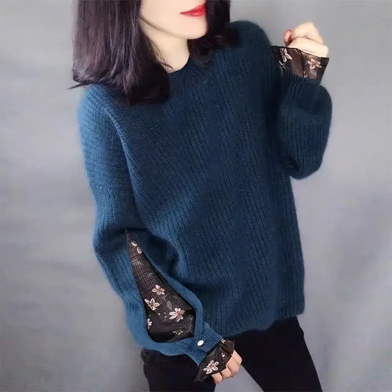 Elegant O-neck Women Fashion Chic Solid Color Mesh Patchwork Pullovers Loose Femme Tops Autumn New Knitted Sweaters E294
Elegant O-neck Women Fashion Chic Solid Color Mesh Patchwork Pullovers Loose Femme Tops Autumn New Knitted Sweaters E294