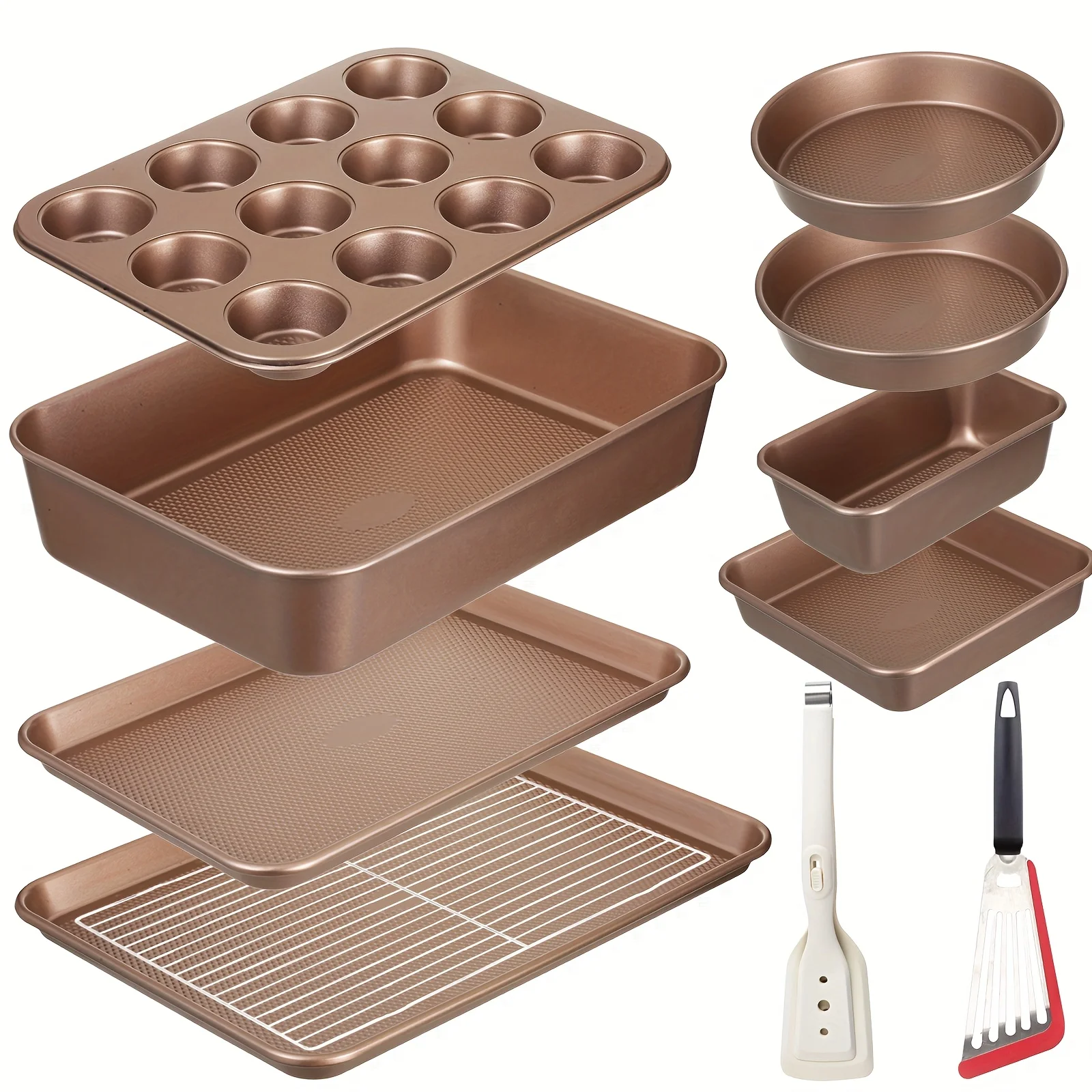 Bakeware 11pcs Non Stick Baking Tray Set, Carbon Steel Baking Tray Set, Including Biscuit Tray, Wide Square Baking Tray, Bread And Round Cake Tray, Pancake Tray, Cooling Rack And Tableware - Multifunctional Baking Tray Set In Golden
Bakeware 11pcs Non Stick Baking Tray Set, Carbon Steel Baking Tray Set, Including Biscuit Tray, Wide Square Baking Tray, Bread And Round Cake Tray, Pancake Tray, Cooling Rack And Tableware - Multifunctional Baking Tray Set In Golden