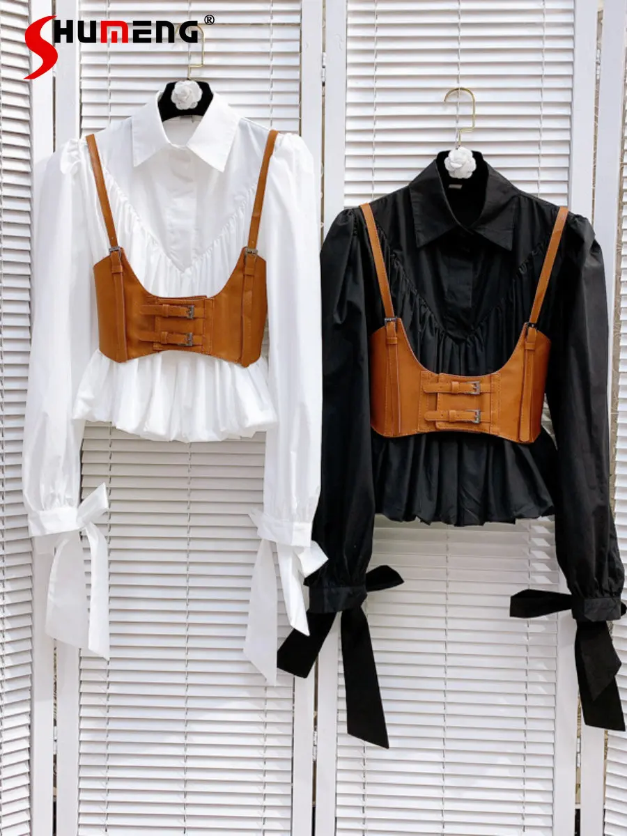 2023 Spring New Pleated Strap Design Lapel Pullover Shirt Women Outer Wear Contrast Color Pu Vest Camisole Blouse Two-Piece Sets
2023 Spring New Pleated Strap Design Lapel Pullover Shirt Women Outer Wear Contrast Color Pu Vest Camisole Blouse Two-Piece Sets
