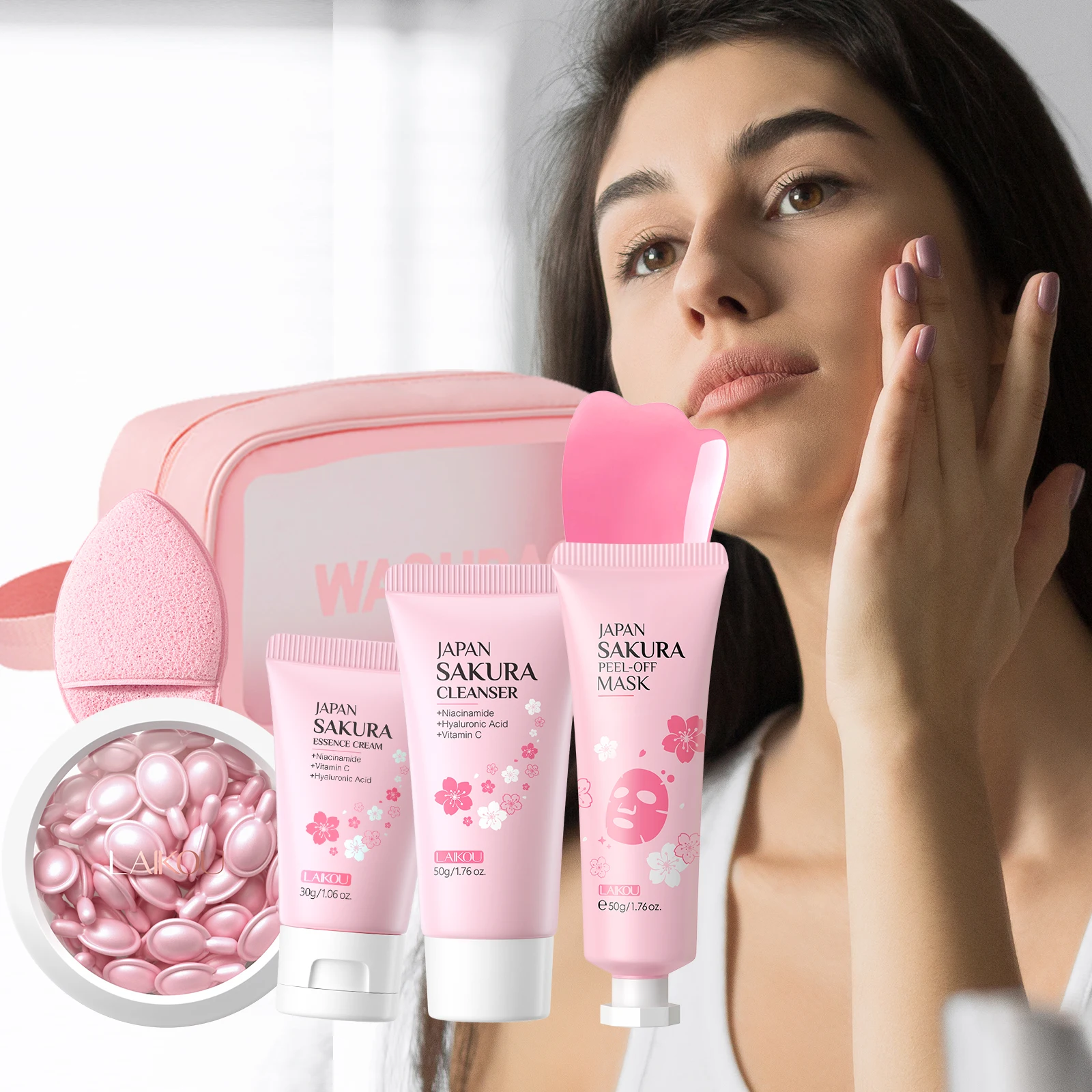 LAIKOU Japan Sakura Skincare Set Cleanser Essence Cream Peel Off Mask Serum Capsules Hydrate Nourish Brighten 
LAIKOU Japan Sakura Skincare Set Cleanser Essence Cream Peel Off Mask Serum Capsules Hydrate Nourish Brighten