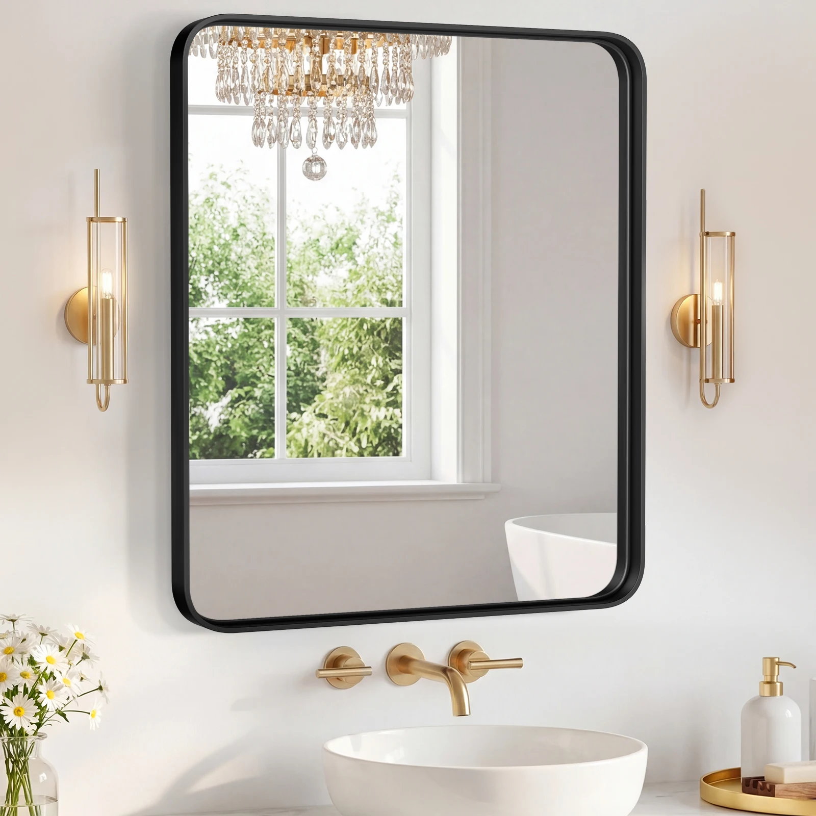 Bathroom Mirror 27.95X31.89 Inch Black Metal Frame Rectangle Vanity Mirror with Rounded Corners, Modern Wall Mounted Anti-Rust Mirror for Farmhouse, Restroom, Entryway, Horizontal or Vertical Hanging
Bathroom Mirror 27.95X31.89 Inch Black Metal Frame Rectangle Vanity Mirror with Rounded Corners, Modern Wall Mounted Anti-Rust Mirror for Farmhouse, Restroom, Entryway, Horizontal or Vertical Hanging