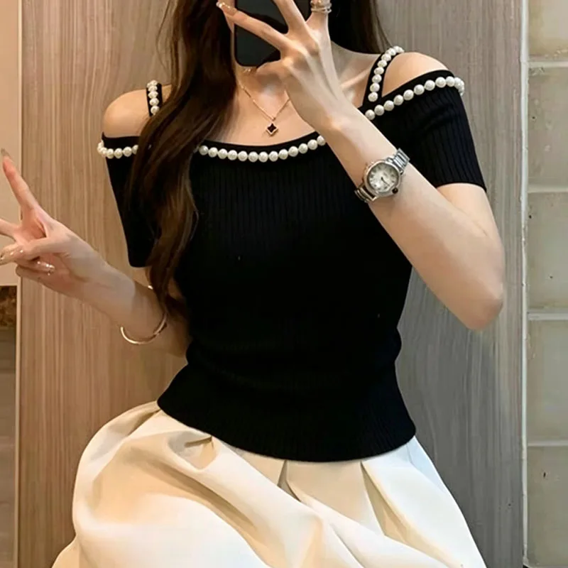 New Summer Short Sleeve Knitted Sweater Women Pullovers Slash Neck Beading Knit Sweater Pullover Women Tops Women Clothing Q5285
New Summer Short Sleeve Knitted Sweater Women Pullovers Slash Neck Beading Knit Sweater Pullover Women Tops Women Clothing Q5285