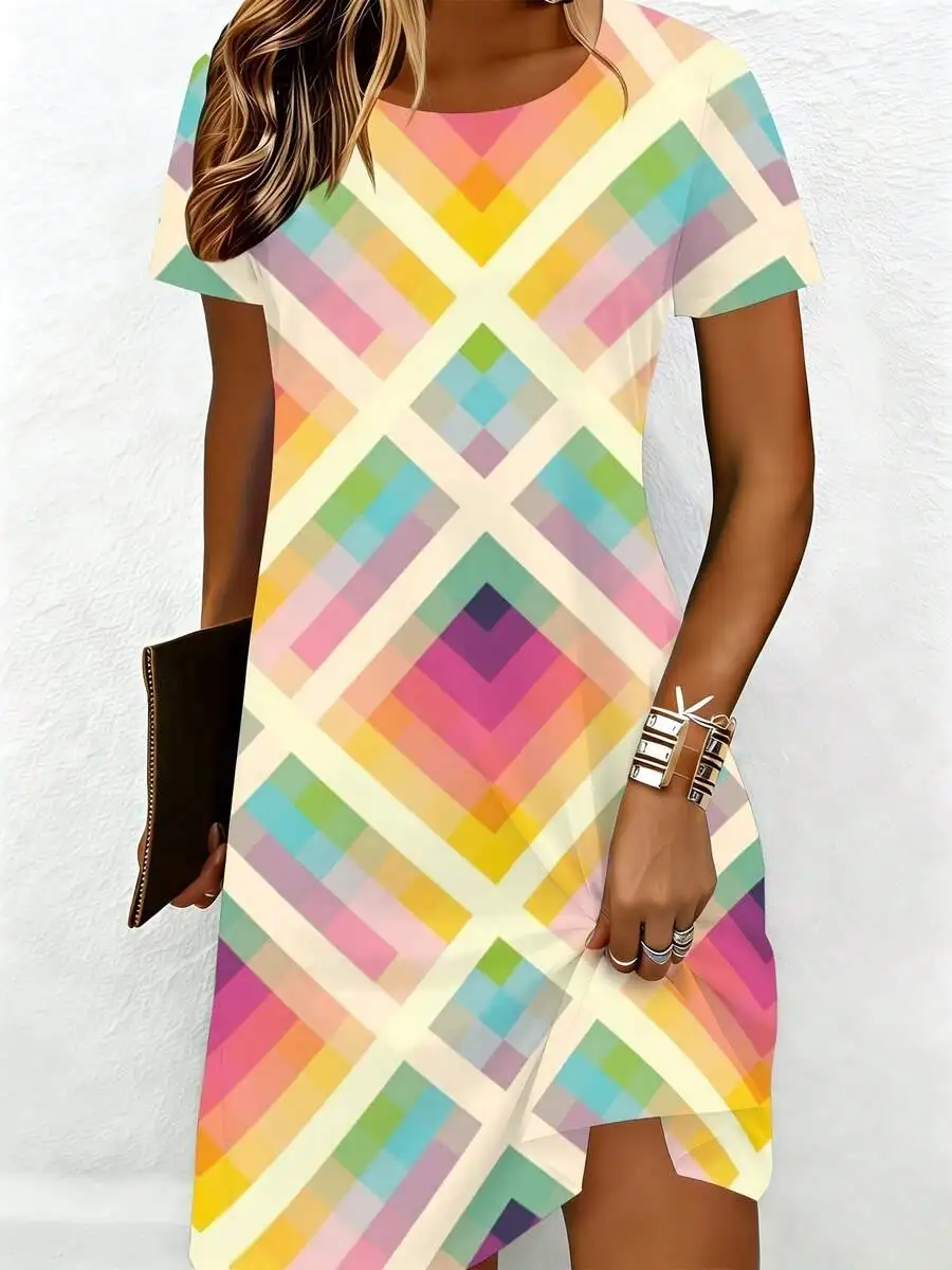 Round Neck Short Sleeve Multi Color Geometric Pattern Dress For Women Casual
Round Neck Short Sleeve Multi Color Geometric Pattern Dress For Women Casual