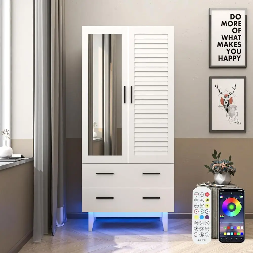 White Large Capacity Storage Armoire with Mirror, Drawers, LED Lights, Multi-Tier Shelves, and Hanging Rod for Bedroom
White Large Capacity Storage Armoire with Mirror, Drawers, LED Lights, Multi-Tier Shelves, and Hanging Rod for Bedroom